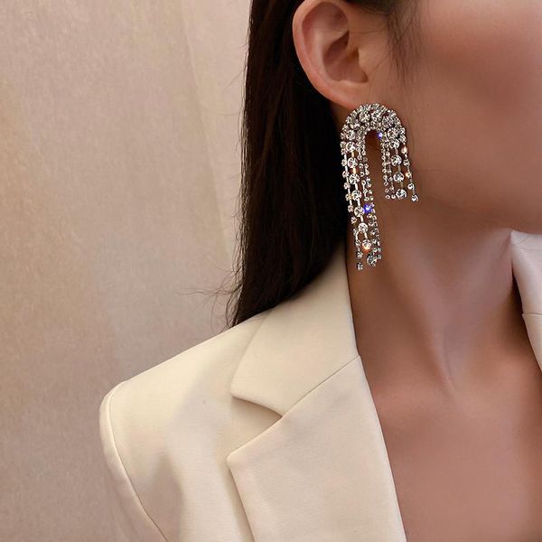 

fyuan long tassel crystal drop earrings for women geometric asymmetry rhinestone earrings weddings party jewelry, Silver
