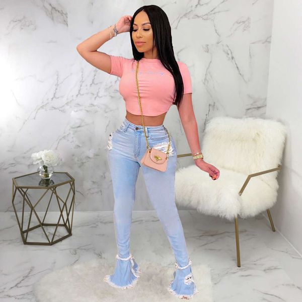 

2020 ripped fashion bottom flared pants trendy women's jeans, Blue