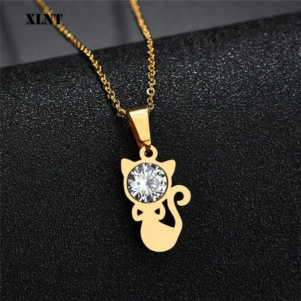 

pendant necklaces xlnt stainless steel necklace for women lover's gold and silver color crystal cat exquisite engagement jewelry