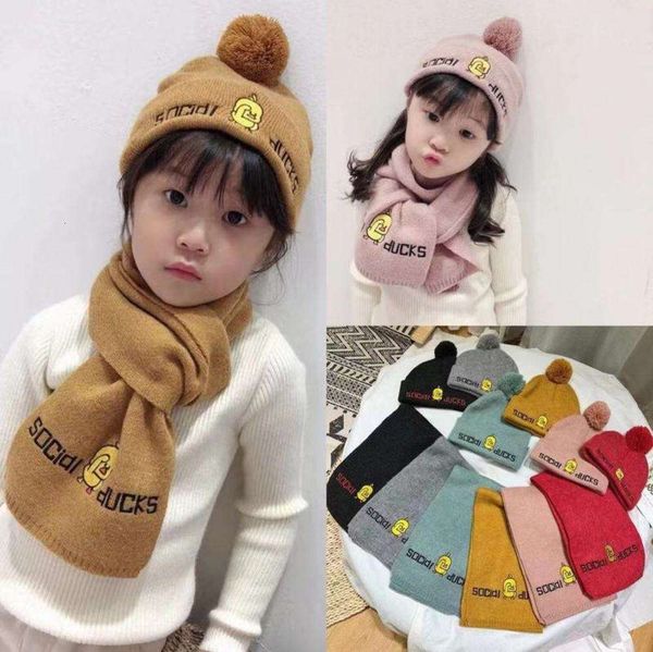 

warm new baby's yellow duck knitted woolen winter men's and women's hat children's scarf two piece set, Red;brown