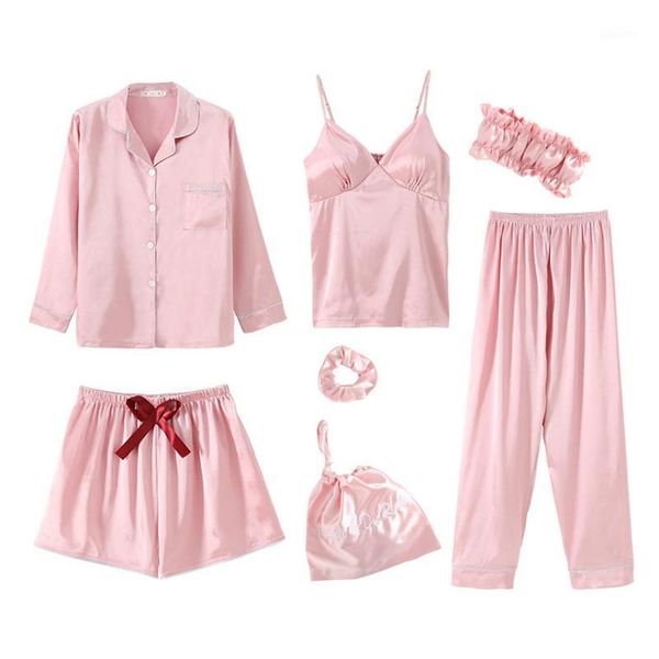 

7 pieces pyjama set 2020 women sleepwear spring summer pajamas sets sleep silk pijamas suits nightwear home lounge clothes1, Black;red