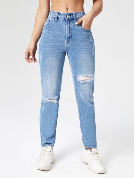 

ripped straight leg jeans r86o#, Blue