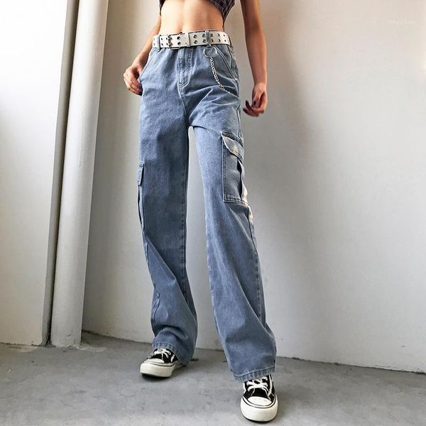 

2020 women wide leg jeans fashion solid color pocket stitching high-waist denim pants streetwear ladies trousers zipper jeans1, Blue