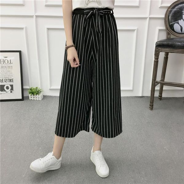 

2019 new selling korean version of striped loose wide leg pants high waist bow drawstring striped wide leg pants casual1, Black;white