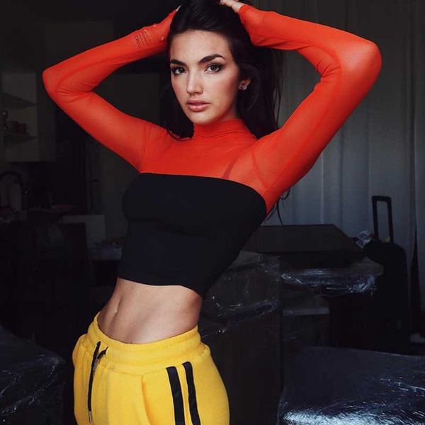 

women's contrast gauze mesh half high collar orange sports short open navel yoga t-shirt fitness breathable clothing, White;red