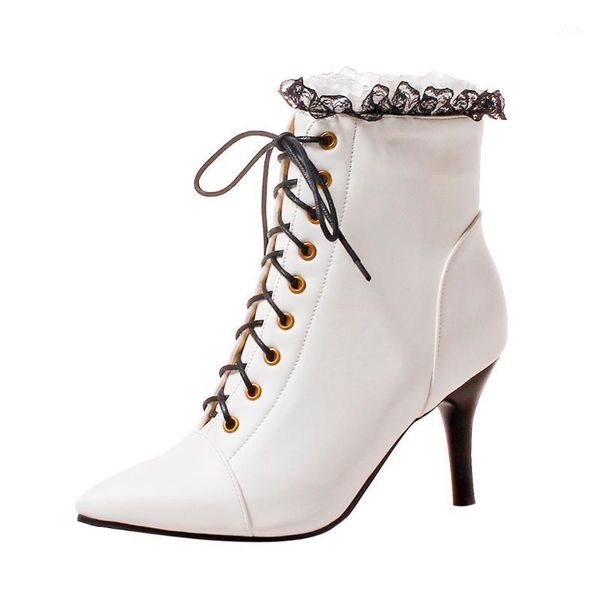 

sagace design elegant ruffles bride wedding boots white lace up side zipper stiletto high heels ankle boots women shoes fashion1, Black