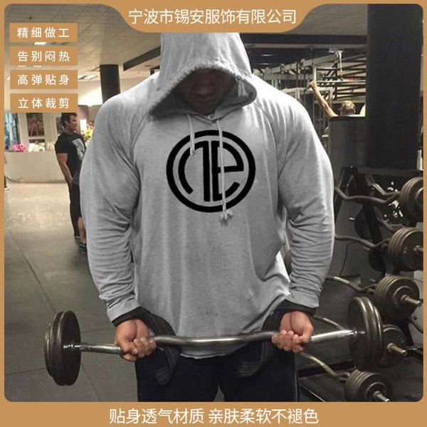 

autumn men's fitness european exercise cotton winter style shoulder print hooded long sleeve sweater, Gray