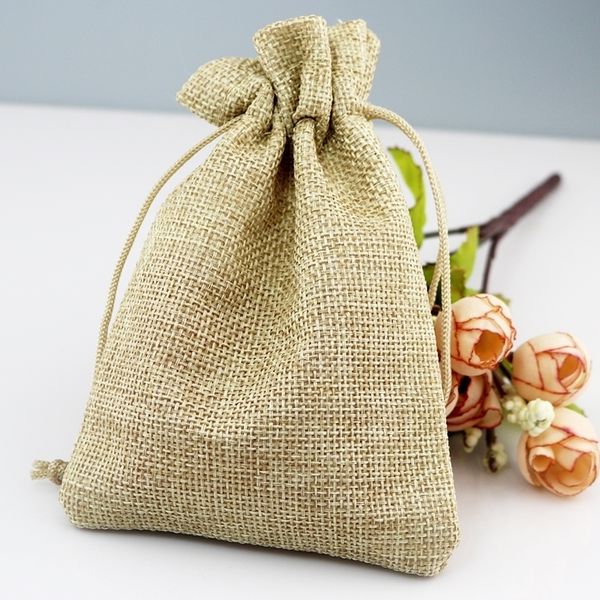 

50pcs small natural color jute bag 7*9cm cute drawstring gift bag wedding use sachet storage charms jewelry packaging linen bags t200602, Pink;blue
