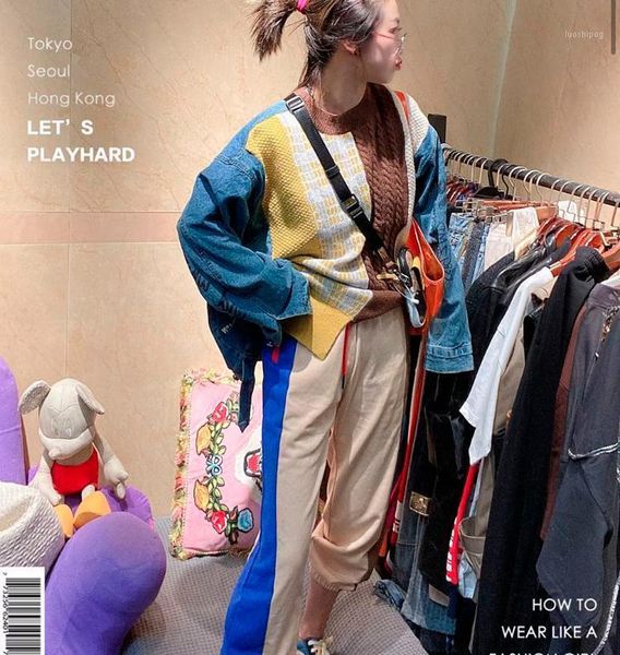 

fashion patchwork denim pullover o neck autumn loose full irregular contrast knitted jacket sweater women1, White;black