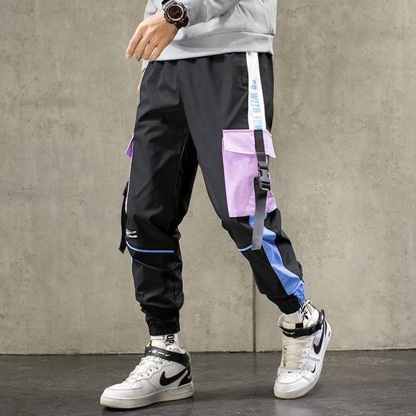 

streetwear men black joggers pants summer 2020 mens big pockets ribbons hiphop cargo pants male overalls sweatpants
