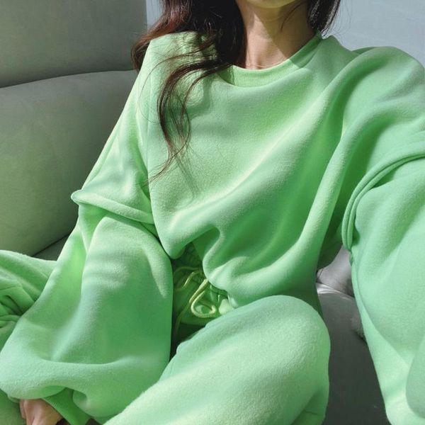 

ewq] 2020 autumn winter 2 piece set solid color female round neck minimalist pullover sweatshirt+high waist stright pants 8q470, Gray