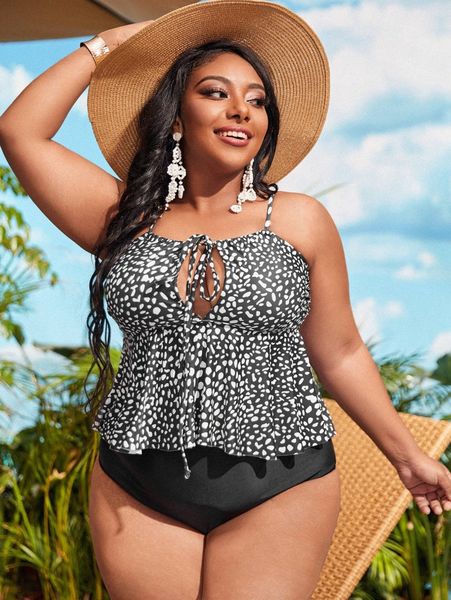 

plus dalmatian tie front ruffle hem high waisted bikini swimsuit v4yv#, Black