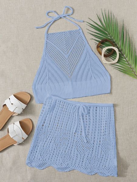 

halter cover up & drawstring waist skirt set r0ci#, White;black