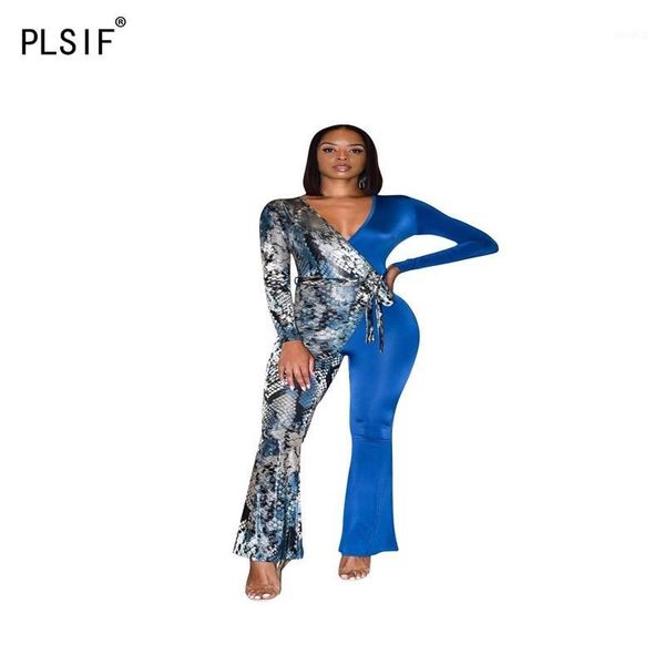 

2020 new fashion snake print spliced lady jumpsuits v-neck flare pants design fashion overall high street party jumpsuits1, Black;white