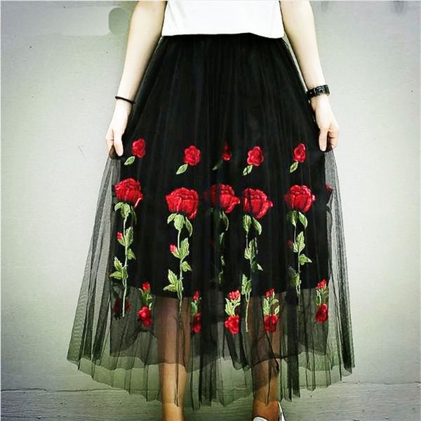 

2021 new summer vintage retro ethnic elegant skirts floral embroidery sewing hem jupe high waist tutu long tulle skirt pi2n, Black