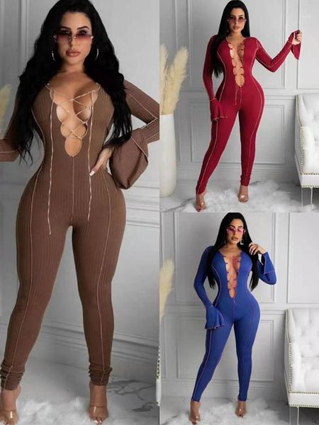 

bandage jumpsuit flare sleeve panelled slim rompers ladies skinny nightclnb clothes women v neck, Black;white