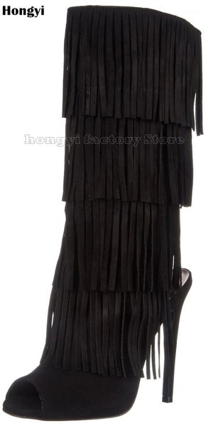 

boots arrive autumn spring black faux suede leather long fringe thin high heeled women peep toe stiletto heel mid-calf boot1