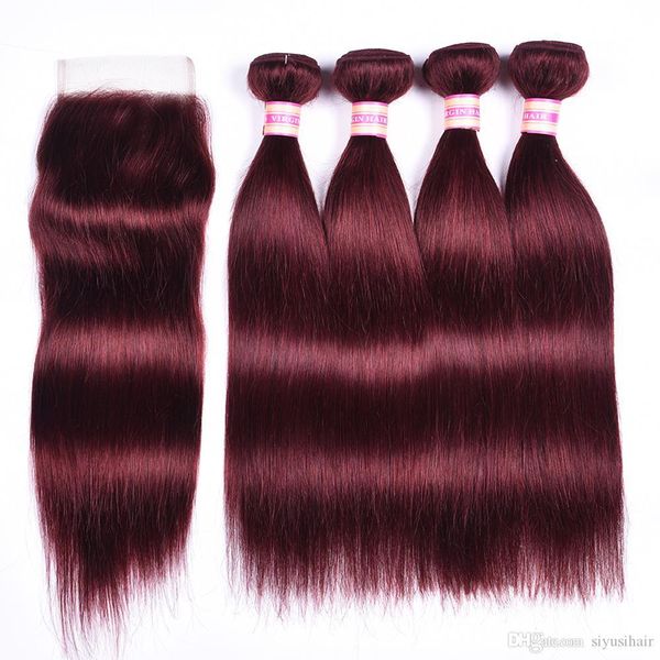 

burgundy brazilian virgin hair 3 4 bundles with closure 100% 99j red unprocessed peruvian indian malaysian straight human hair weave, Black;brown