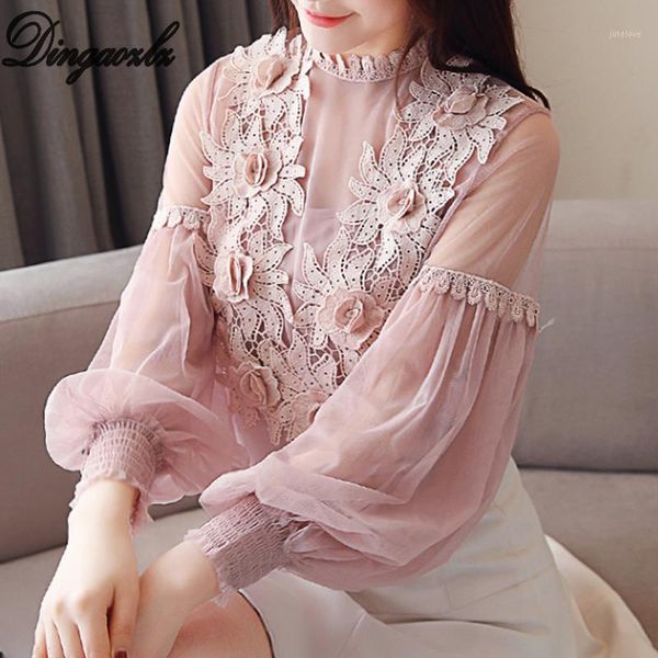 

dingaozlz new spring 2019 women clothing elegant chiffon shirts ladies lace lantern sleeve casual chiffon blouse1, White