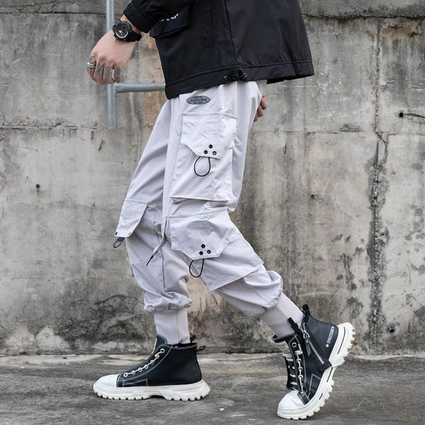 

men's pants multi pockets cargo harem 2021 fashion casual streetwear hip hop joggers elastic waist full length feet trousers, Black