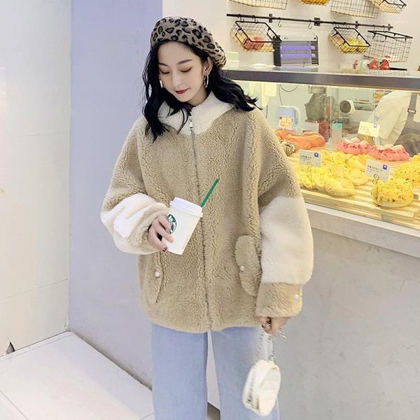 

fashion winter coat women wool fur jacket hooded short artificial particle wool coat ladies zipper loose fur jacket l1251, Black