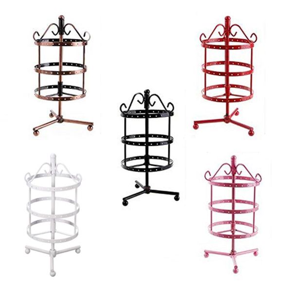 

szanbana red/black/pink/white/brown 72 holes 3-layer rotating earring holder showcase metal rack jewelry organizer display stand, Pink;blue