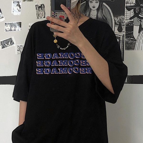 

women's polos korean harajuku vintage aesthetic gothic punk women short sleeve o-neck summer letter print oversize black clothes1, White