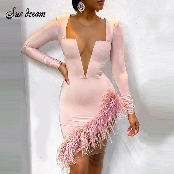 

casual dresses 2021 winter women long sleeve feather mesh pink bodycon bandage dress elegant evening party vestidos, Black;gray