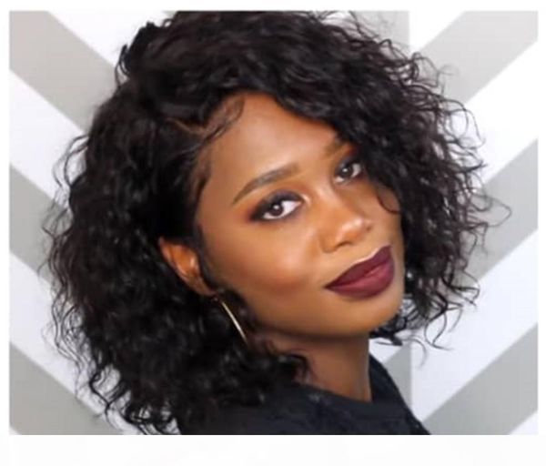 

human hair curly short bob wig front lace wig with baby hair 150% density for black woman, Black;brown