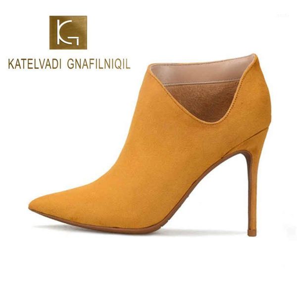 

boots katelvadi winter v-naked high-heeled ankle female yellow flock 10cm heel size 34-46 k-4821, Black