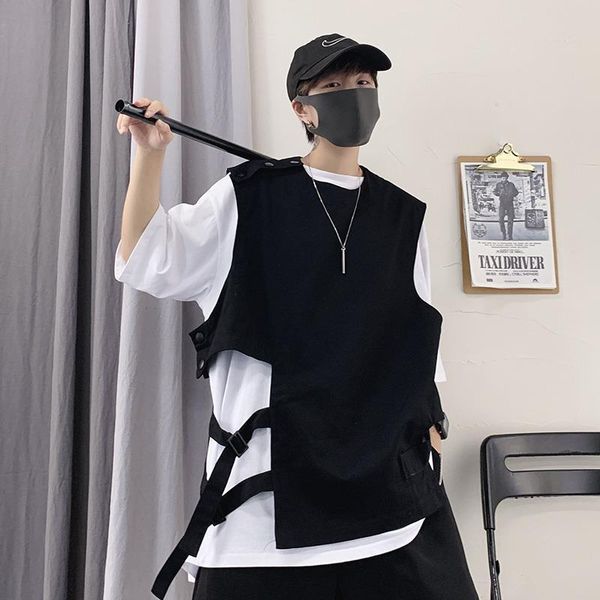 

2020 summer men irregular side ribbons drawstring vest vintage punk hip hop sleeveless jacket man korean style waistcoat, Black;white