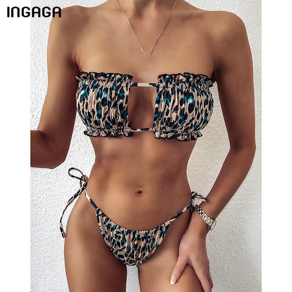 

ingaga 2020 bandeau bikinis swimwear women micro thong swimsuit female cut out biquini leopard ruched beachwear bathing suits, Black