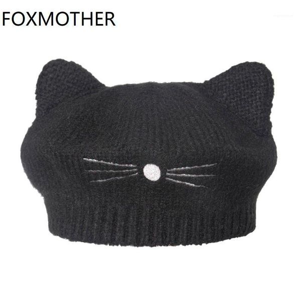 

foxmother new fashion cute sombrero winter knitted caps female warm casquette black white cat beret hats women gorros mujer1, Blue;gray