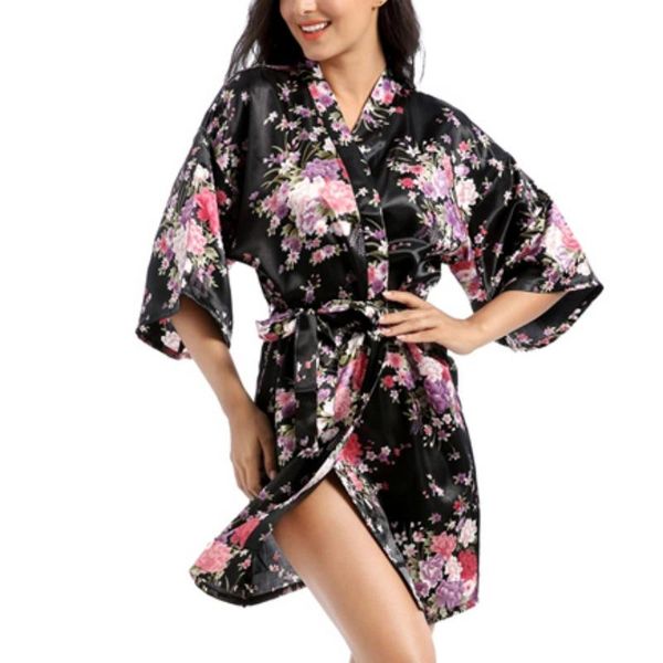 

women fashion robes flower print night robe japanese kimono style rayon bathrobe nightdress, Black;red