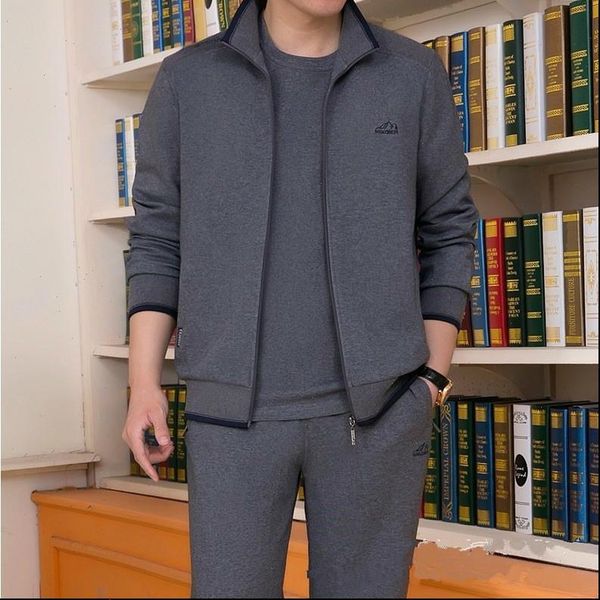 

mens sportswear two piece set 2021 autumn new casual tracksuit stand zipper gray sweatshirt sweatpant survetement homme