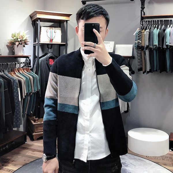 

men's sweaters 2021 autumn and winter jacket color matching cardigan round neck long-sleeved warm baseball uniform knit sweater men, White;black