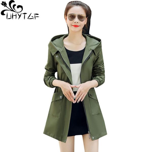 

women's trench coats uhytgf spring coat women hooded slim autumn for pure color wild casual long outerwear plus size genuine 45, Tan;black