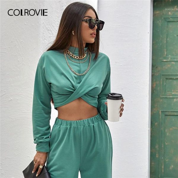 

colrovie green twist front zip back sweatshirt crop pullover women autumn stand collar drop shoulder casual sweatshirts1, Black