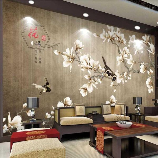 

custom wallpaper 3d mural new chinese hand-painted pen flower bird white magnolia classical restaurant tv background wall paper1