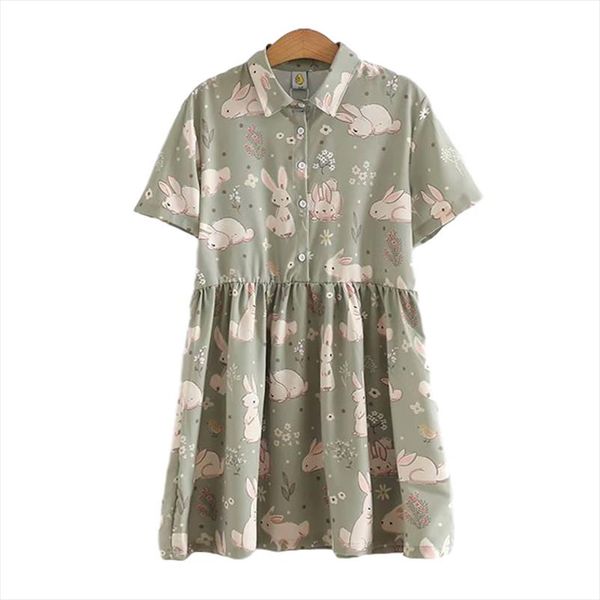 

soft girl kawaii bunny pink doll dress for teens summer vintage cute rabbit loose casual peter pan collar short shirt dresses, Black;gray