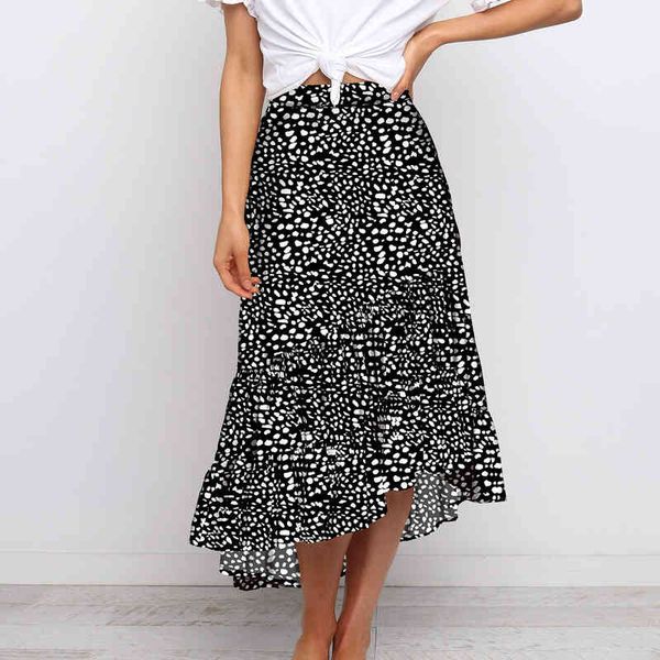 

bohemian style women long skirt asymmetrical leopard printed high waist ladies casual holiday beach skirts faldas spring, Black