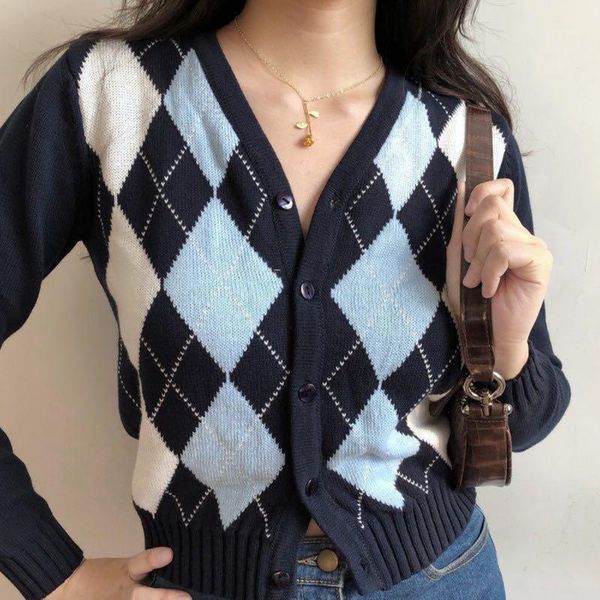 

2020 autumn women plaid knitted sweaters vintage single breasted long-sleeve cardigans fashion v neck slim chic lady coats1, White