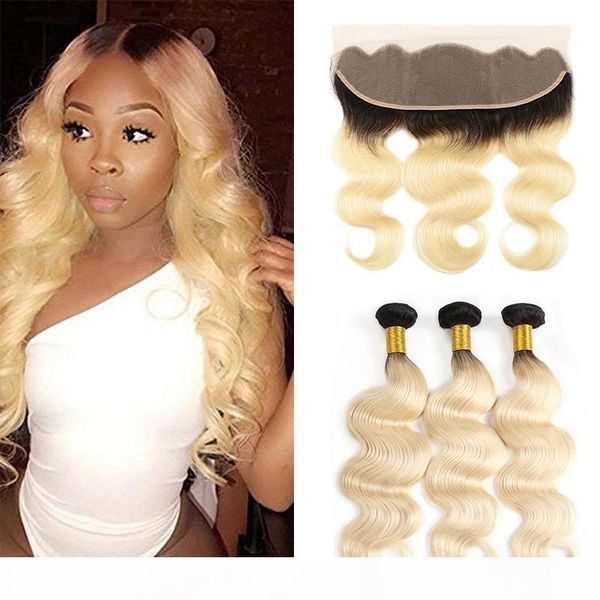 

two tone brazilian 1b 613 dark root ombre virgin human hair body wave bundles with 13*4 blonde ear to ear lace frontal closure, Black;brown