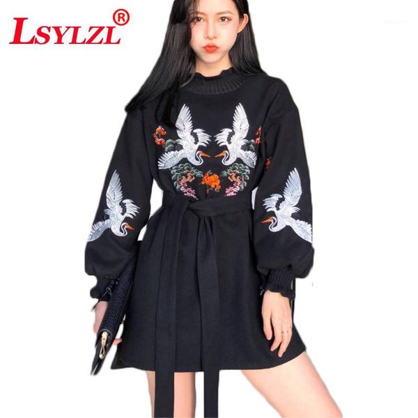 

casual dresses 2021 spring autumn embroidered dress woman black lantern sleeve oversized ladies mini q2731, Black;gray