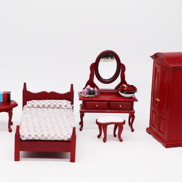 

1: 12 mini furniture doll house furnishings bedroom table wooden mahogany european style dressing mirror handmade design crsm