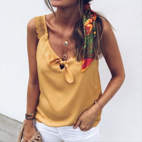 

women v neck chiffon vest loose solid lace bow casual beach sleeveless tank t shirt women famle, White