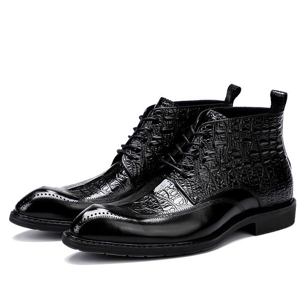 

fashionable men's more leather tan crocodile shoes standard ankle boot pointed toe short zapatos boots man 2mku, Black