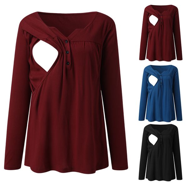 

maternity mom autumn winter hoodies long sleeve button nursing breastfeeding solid female warm pullover blouse 2020 lj201120, White