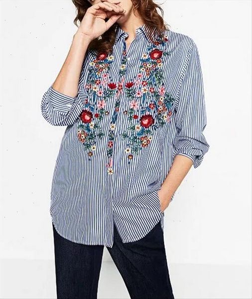 

new spring autumn women blouse flower embroidery long sleeve work shirts women office striped blouse for business, White