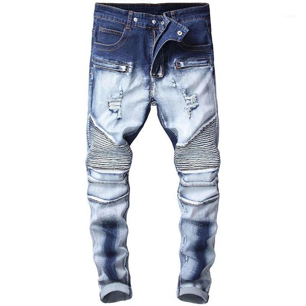 

men's jeans men zipper ruined old fashion men's long four season straight slim pleated motorcycle pants1, Blue